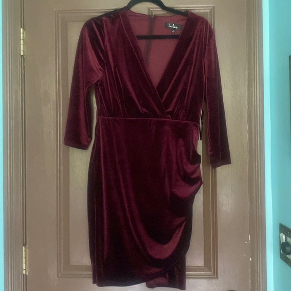 Lulu's burgundy velvet midi dress bodycon fuax wrap 3/4 sleeve LARGE L - Picture 1 of 4